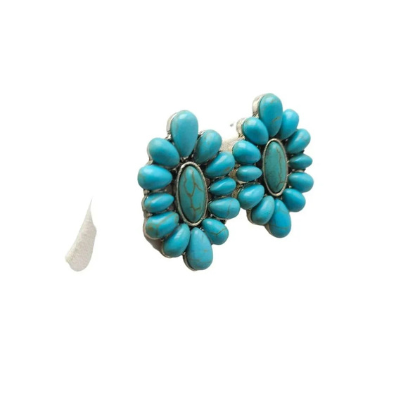 Faux Blue Turquoise Oval Cluster Post Earrings Post Closure Silver Tone Vintage - Picture 2 of 4